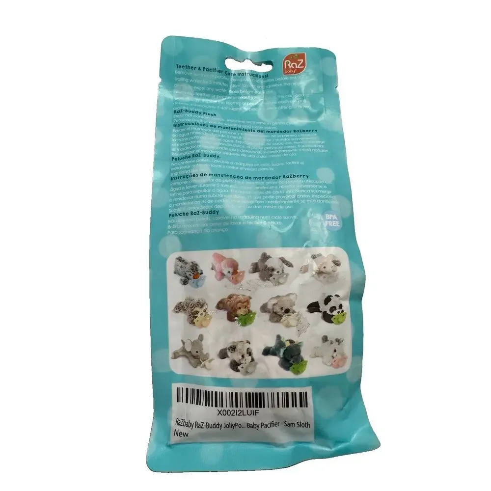 RaZbaby Raz-Buddy Sam Sloth Paci & Teether Holder Plush BPA Free NIP